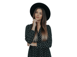 Young woman in polka dot dress and hat isolated on black background contemplating isolated on transparent background
