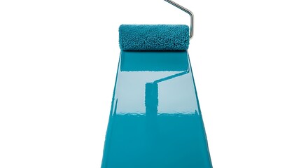 Painting Roller with Vibrant Teal Paint on White Background