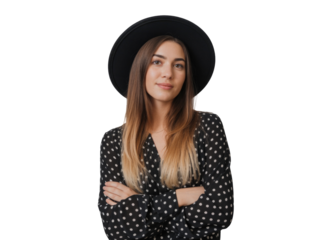 Young woman wearing a black hat and polka dot dress with arms crossed isolated on transparent background