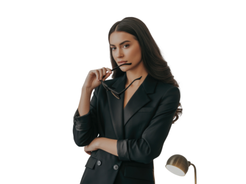 Confident business woman in black suit holding glasses, posing with authority and style isolated on transparent background