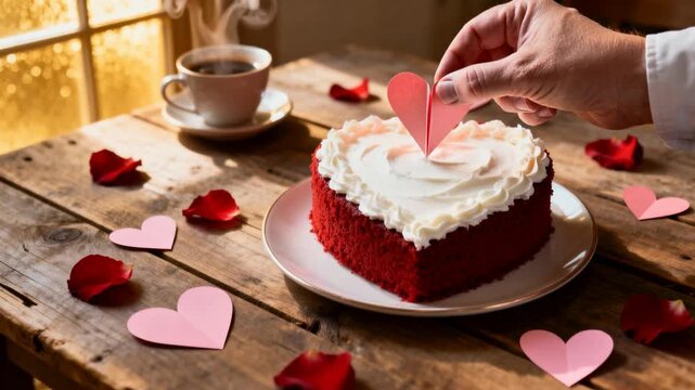 Man's hand decorating a heart-shaped red velvet cake with a paper heart for a romantic valentine's day celebration