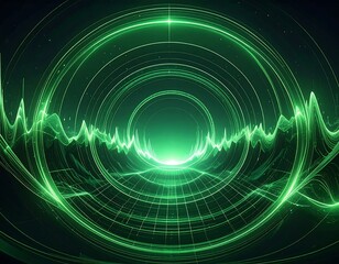Glowing green waveforms and concentric rings create an ethereal tunnel