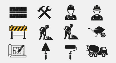 A comprehensive vector icon set representing the construction industry, including symbols for builders, tools, and heavy machinery