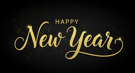 Shiny metallic gold New Year's Eve typography banner with sparkling particles and glitter texture on black, for a sophisticated holiday celebration