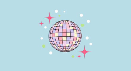 A vibrant pastel-colored mirror ball surrounded by shiny sparkles and confetti dots, representing a fun retro party and celebration