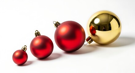 Four Christmas Ornaments Red and Gold Festive Decorations of Varying Sizes Lined Up Against a White Background