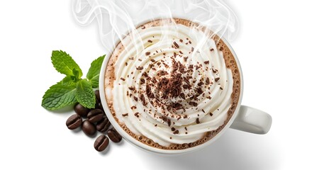 Delicious Steaming Hot Chocolate with Whipped Cream and Chocolate Shavings Garnished with Mint Leaves and Coffee Beans on a White Background