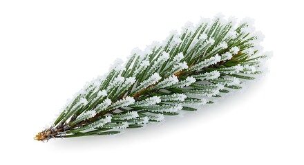 Close up Macro Shot of a Frosted Pine Tree Branch Covered in Delicate Snow Crystals Isolated on White Background Perfect for Winter Holidays and Christmas Concepts