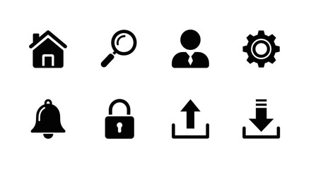 Fototapeta premium A collection of essential user interface glyph icons in a solid black design, featuring universal symbols for web and mobile application navigation like home, search, user, and settings