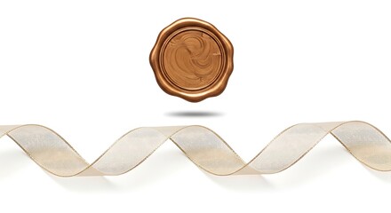 Elegant Golden Wax Seal and Wavy Ribbon on White Background Symbol of Trust Authenticity and Luxury