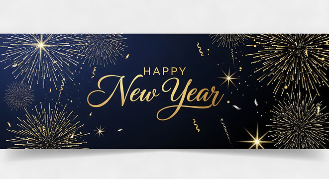 Modern Happy New Year Greeting Card Design. Stylized gold script text with bursting fireworks, stars, and a sophisticated celebratory background