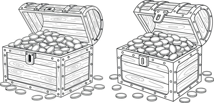 Outline illustration showing two antique wooden treasure chests bursting with piles of valuable gold coins