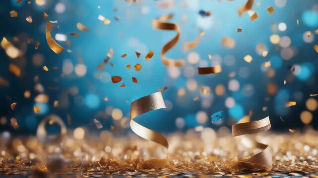 Falling gold confetti against blue background