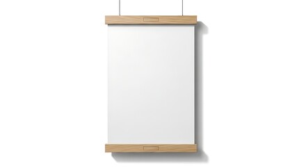 Blank White Poster Mockup with Wooden Frame Hanging on White Wall Vertical Template for Art Photo or Advertisement