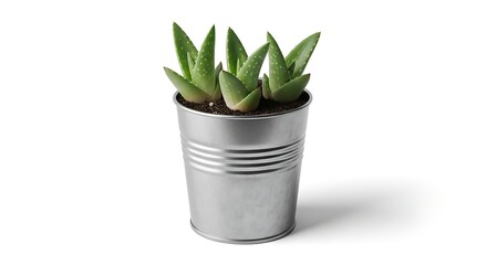 Healthy Aloe Vera Plant in a Rustic Silver Pot Isolated on White Background