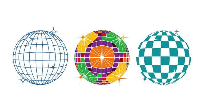 A versatile collection of retrofuturistic disco ball graphics and stylized sphere icons for party and music themes