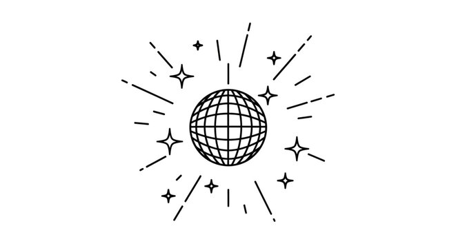 Simple line art icon of a sparkling disco ball. A minimalist vector graphic representing a retro party, celebration, and nightlife