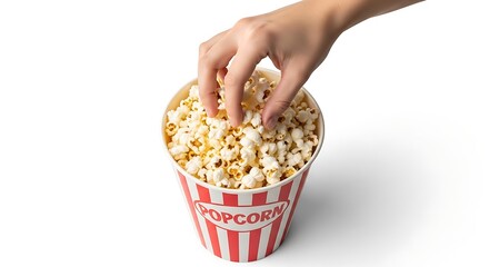 Close up of a hand reaching into a large bucket of popcorn perfect for movie night snack time or entertainment themes