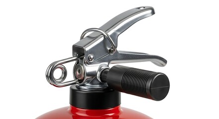 Close up Detail of a Red Fire Extinguisher Handle and Safety Pin Ready for Emergency Use