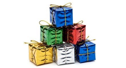Stack of Colorful Christmas Presents Wrapped in Shiny Foil with Gold Ribbons Festive Holiday Gift Boxes Isolated on White Background