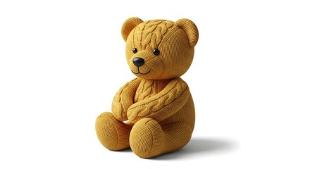 Cute Knitted Teddy Bear Toy Sitting Isolated on White Background Cozy Childhood Comfort
