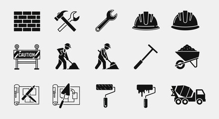 Obraz premium A vector graphic set of builder and construction work symbols, isolated industry icons for web and print design
