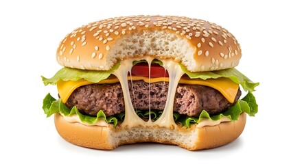 Delicious Cheeseburger with Melted Cheese Stretch Juicy Beef Patty Fresh Lettuce Tomato and Sesame Seed Bun Isolated on White Background