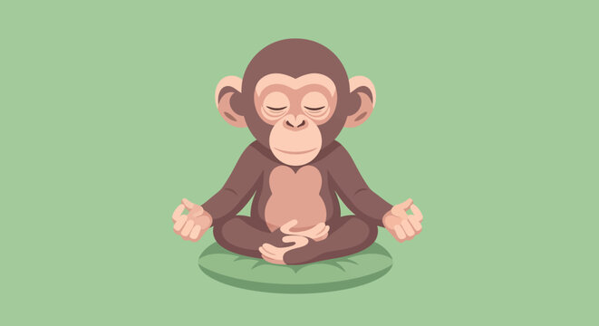 A cute cartoon monkey sits in a lotus position on a cushion, practicing meditation for mindfulness and relaxation