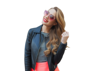 Stylish young woman with pink heart sunglasses and leather jacket, outdoor fashion portrait isolated on transparent background