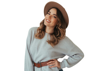 Young woman in casual sweater and hat smiling confidently, isolated on white isolated on transparent background