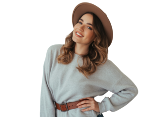 Young woman in casual sweater and hat smiling confidently, isolated on white isolated on transparent background
