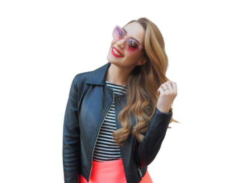 Stylish young woman with pink heart sunglasses and leather jacket, outdoor fashion portrait isolated on transparent background