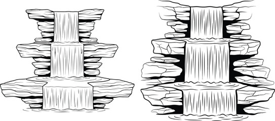 Vector outline illustration depicting two natural waterfalls cascading over textured rock formations into calm pools below