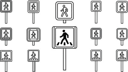 Collection of pedestrian crossing signs in various styles and orientations