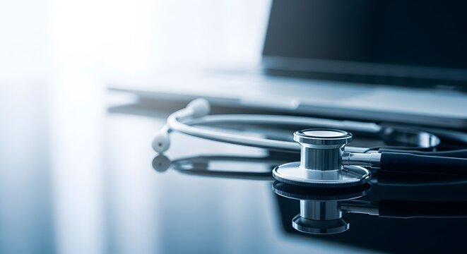 Stethoscope on a reflective surface with laptop medical equipment for healthcare diagnosis and exami