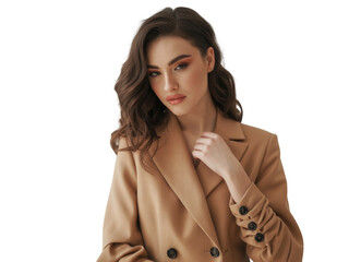 Stylish young woman in a tan blazer with expressive makeup, looking sideways isolated on transparent background