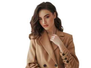 Stylish young woman in a tan blazer with expressive makeup, looking sideways isolated on transparent background