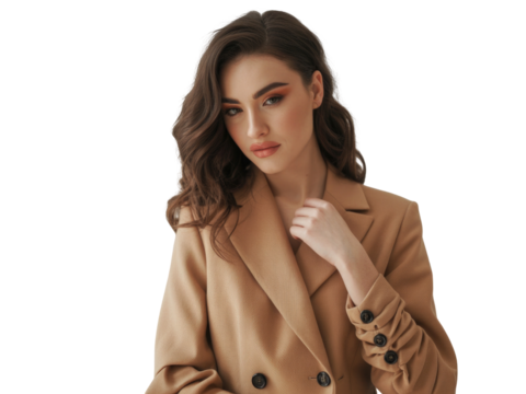Stylish young woman in a tan blazer with expressive makeup, looking sideways isolated on transparent background