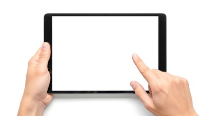Hands holding and touching a modern black tablet device with a blank white screen isolated on white background