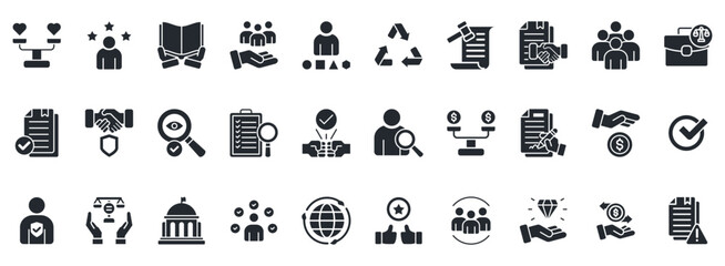 Business Ethics Icon Set. Contains Icons That Are Relevant For Business. Designed In Vector Glyph Style