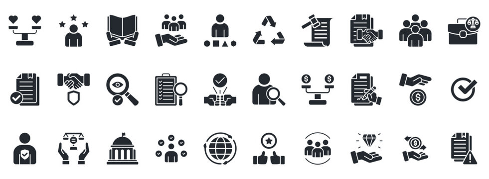 Business Ethics Icon Set. Contains Icons That Are Relevant For Business. Designed In Vector Glyph Style