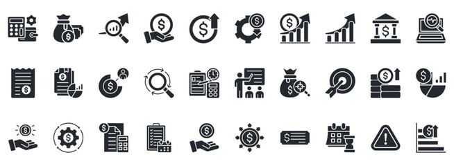Budget Icon Set. Contains Icons That Are Relevant For Business. Designed In Vector Glyph Style