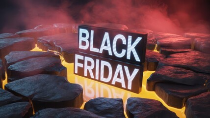 Black friday sign surrounded by hot lava and black rocks