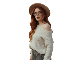 Red-haired woman in hat and glasses, wearing an off-shoulder sweater and plaid pants isolated on transparent background