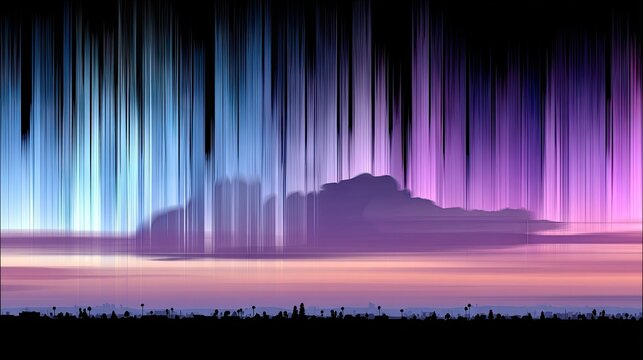An abstract representation of the aurora borealis with vertical streaks of blue and purple light above a silhouetted landscape at dusk. - Powered by Adobe