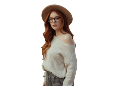 Red-haired woman in hat and glasses, wearing an off-shoulder sweater and plaid pants isolated on transparent background