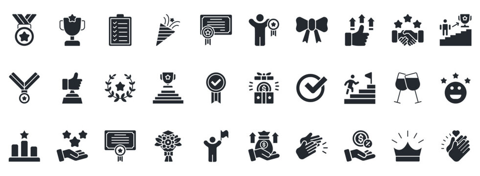 Reward Icon Set. Contains Icons That Are Relevant For Business. Designed In Vector Glyph Style