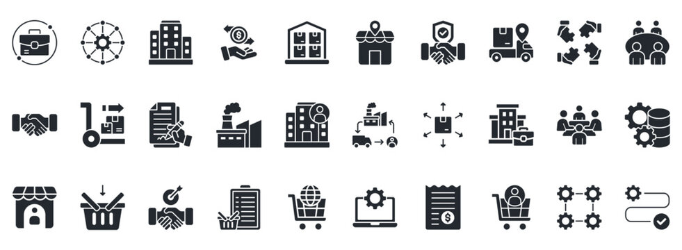 Business To Business Icon Set. Contains Icons That Are Relevant For Business. Designed In Vector Glyph Style