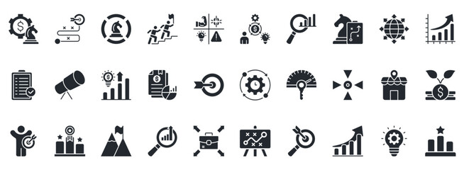 Business Strategy Icon Set. Contains Icons That Are Relevant For Business. Designed In Vector Glyph Style