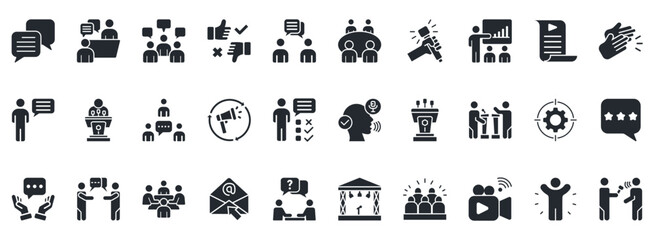 Speaking Icon Set. Contains Icons That Are Relevant For Business. Designed In Vector Glyph Style